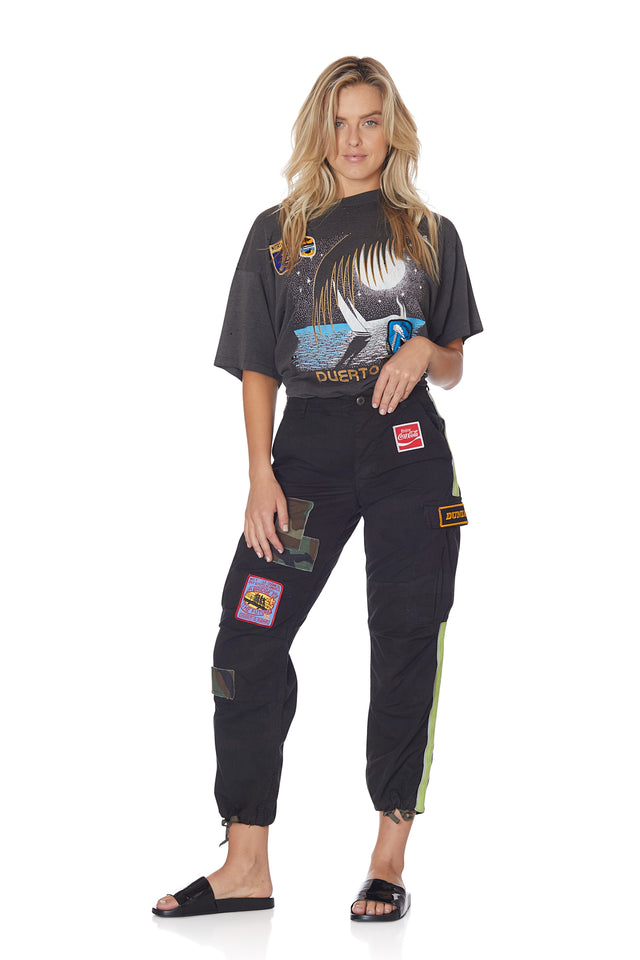 Neon Stripe Vintage Camo Pant with Patches in Black