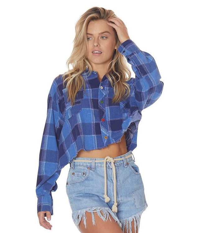 Cropped Self Patched Flannel in Denim Blue